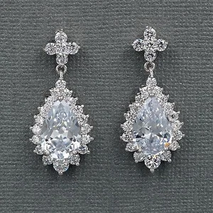 18K White Gold Plated Cubic Zirconia CZ Wedding Bridal Drop Dangle earrings 0651 - Picture 1 of 4