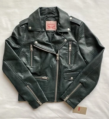Chaqueta de motocicleta Levi’s para mujer de cuero sintético mediana verde gasolina cocodrilo Foto 1 de 4