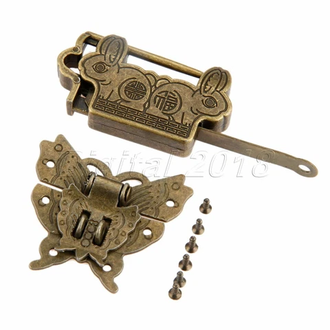 Butterfly Jewelry Box Latch Clasp Chinese Fortune Blessing Padlock Lock Key Set Cover