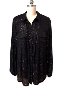 Guess All Over Sequin Boyfriend Shirt Button Up Black Lined Pockets Women’s Sz L - Picture 1 of 11