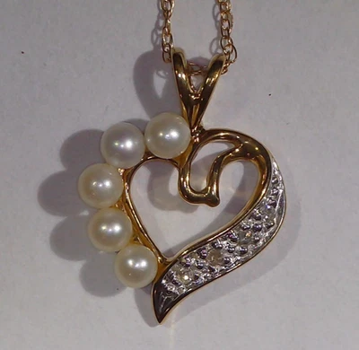 10K Yellow Gold White Pearls & Diamond Accents Open Heart Pendant Necklace - 20" - Image 1 of 4