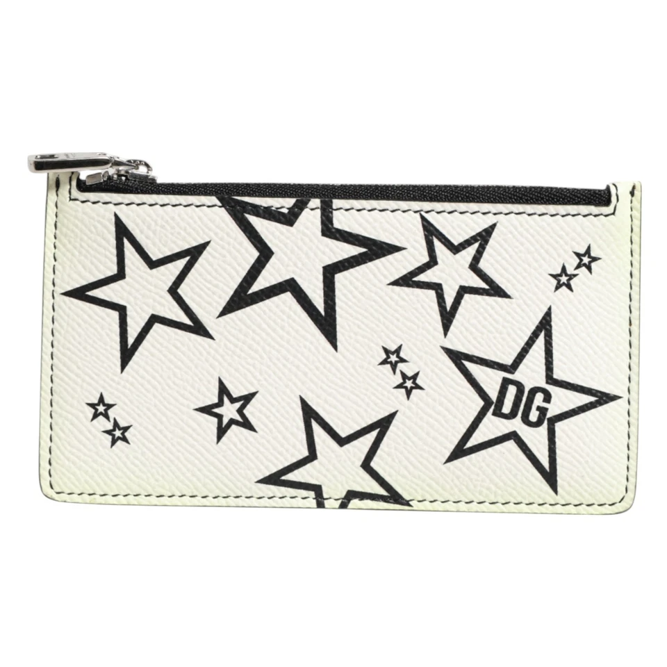 DOLCE & GABBANA 钱包白色皮革 Douphin DG 标志星星打印卡夹 270 美元 — 第 1/4 张图片