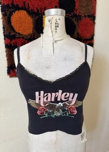 Vintage 80s Harley Davidson Eagle Roses Lace Trim Dealership Cropped Tank Top - Picture 1 of 5