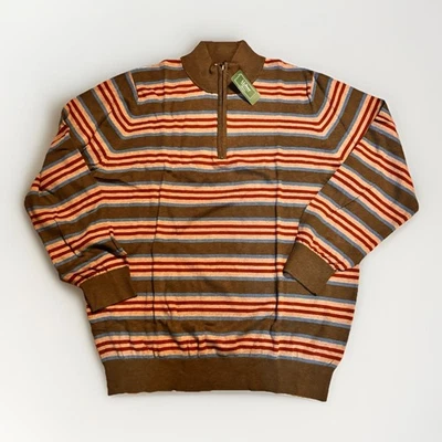 LL Bean Men’s XL Quarter Zip Sweater NWT Cotton Cashmere Blend Striped Brown - Image 1 of 4