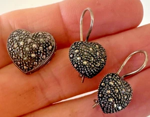 Sterling Silber Herz Ohrringe Anhänger Markasiten Set 925 Haken Tropfen Thailand - Bild 1 von 11