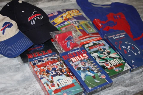 Buffalo Bills Lot of 10 Hats Sealed Vintage VHS Tapes Flag Wristband Pin Card NF Cover