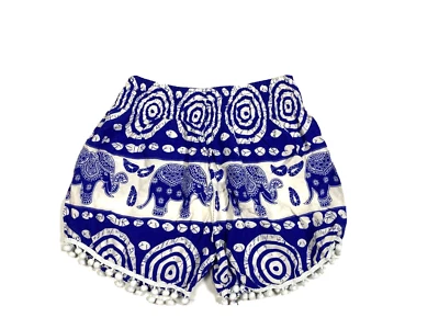 Womens Blue White Pompom Hem Shorts Lounge Casual Elephants Boho XS Print Tribal - Image 1 of 4