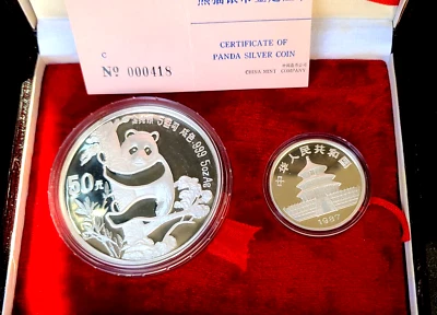 1987 China Panda Two Coin Silver Proof Set 1oz & 5oz 10 & 50 Yuan W/BOX&COA2 - Image 1 of 2
