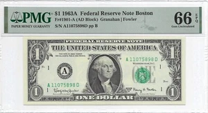 1963A $1 BOSTON FRN. PMG GEM Uncirculated 66 EPQ Banknote. Scarcer A/D Block - Picture 1 of 2