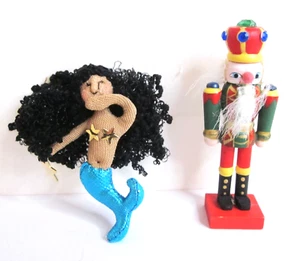 2 Miniature Whimsical Pins - Wood Nutcracker & Fabric Mermaid - about 2 1/2" - Picture 1 of 5