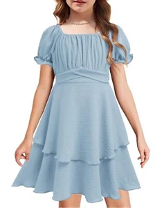 Girls Dresses Summer Short Sleeve Off Shoulder Ruffle Tiered Layer Party Dres... - Picture 1 of 9
