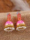 Indian Pink Earrings For Women Traditional 14k Gold Plated Wedding Party Jhumki