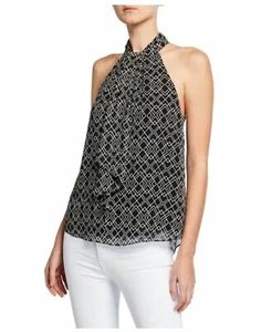 Sz M JOIE Leikyn Geo-Print Self-Tie SILK Black Halter blouse top NWT $228 - Picture 1 of 7