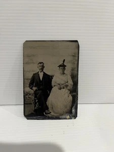 Antique Victorian Tin Type Photo Portrait Older Man And lady With Lace Dress - Picture 1 of 4