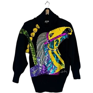 Vtg Neiman Marcus Semplice Cowl Sweater Black Wool Sequins Carousel Horse Small - Picture 1 of 15