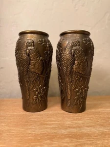 Antique Pair Of Japanese Meiji Period Mixed Metals Bronze Vases Raised Birds - Picture 1 of 5