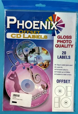 649.   Phoenix Offset CD/DVD Labels for Inkjet Printers. 20 Labels Gloss Photo. - Image 1 of 3