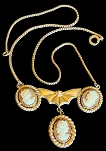 Antique 19th C. 12K Gold Filled 3 Carved Cameos Necklace - Picture 1 of 13