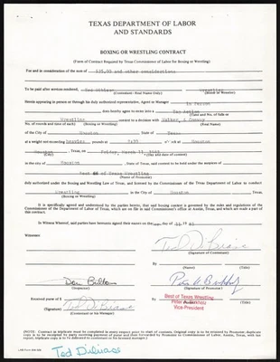 Ted DiBiase Million Dollar Man Signed Autograph Wrestling Contract (folded) WW41 - Image 1 of 2