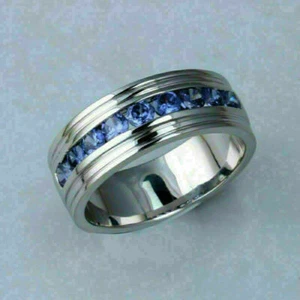 3/4CT Blue Sapphire CZ Channel Set Men's Engagement Wedding Ring 14k White Gold - Picture 1 of 3