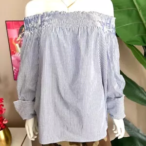 $60 Womens Tommy Hilfiger Vertical Stripe Bardot Blouse French Cuffs - Picture 1 of 11