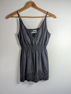 Y2K старый темно-синий Babydoll Майка размер маленький бисером шелк прихоти ведьмы кокетка - Изображение 1 из 4