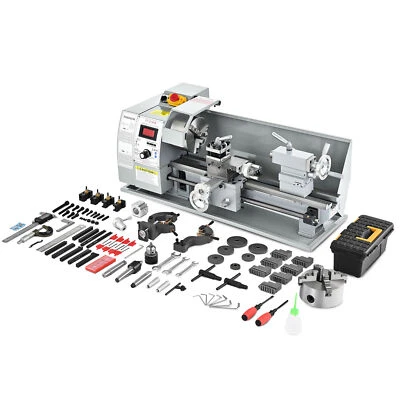 Upgrade CREWORKS 8"x16" Mini Metal Lathe Brushless 1100W 2-Chucks Tool Bundle