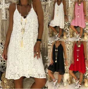 Damen Sommer Strand Spitze Minikleid Damen Träger V-Ausschnitt Urlaub Sommerkleid S-5XL - Bild 1 von 12