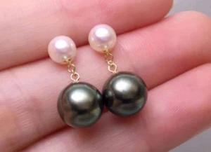 Paar Ohrringe 11 mm schwarz 6 mm weiß natürlich Tahiti Südsee echte Perlen - Bild 1 von 1