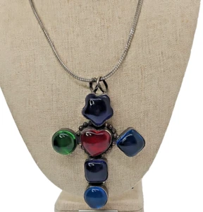 Mexiko Taxco Sterlingsilber Glas Herz Kreuz Anhänger 3,25" - Bild 1 von 4