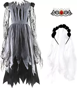 LADIES GHOST BRIDE COSTUME RIPPED HALLOWEEN FANCY DRESS AND VEIL DEAD WEDDING  - Picture 1 of 1