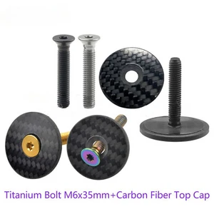 1 1/8" Bike Headset Stem Top Cap Cover Carbon Fiber with M6 Titanium Bolt Ti Set - Picture 1 of 18