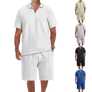 Men's 2 Piece Set Short Sleeve Henley Shirts and Shorts Summer Beach Yoga Outfit - Picture 1 of 39