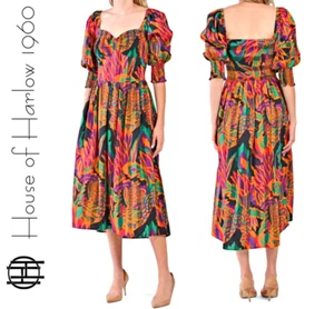 HOUSE OF HARLOW by Nicole Richie Cotton Smocked Dress Puff Sleeve Meadow Pink XL - Picture 1 of 14