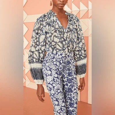 Blusa Ulla Johnson Yulia Estampada Índigo Metálica Talla 0 Camisa Manga Distintiva Foto 1 de 4