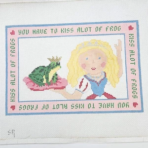 WHIMSICAL SUSAN ROBERTS HP NEEDLEPOINT CANVAS 13 CT:  KISS A LOT OF FROGS  GG - Picture 1 of 2