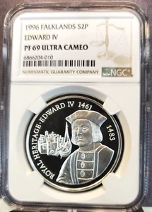 1996 FALKLAND ISLANDS SILVER 2 POUNDS EDWARD IV NGC PF 69 ULTRA CAMEO TOP POP 1 - Picture 1 of 3