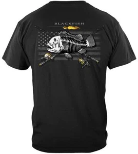 Black Flag Patriotic Blackfish Fishing 100% Cotton Black T-Shirt - Picture 1 of 3