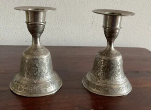 Wonderful Pair Of Vintage Etched Silver Tone Bell Candlestick Holders- India - Picture 1 of 7
