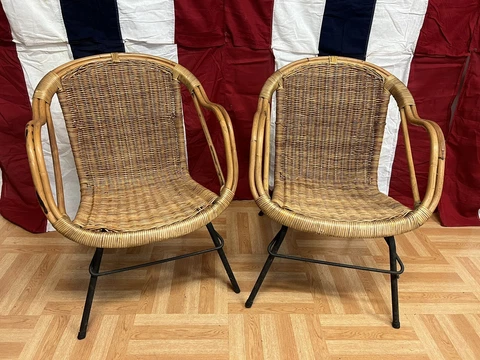 Vintage BAMBOO CHAIR PAIR Mid Century Modern wicker set Paul McCobb Calif-Asia 2 Cover
