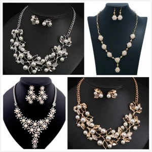 CRYSTAL FAUX PEARL STATEMENT BIB COLLAR WEDDING NECKLACE CHAIN EARRING SET - Picture 1 of 18