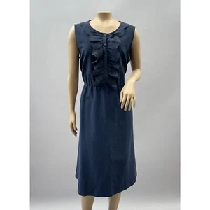 WinterSilks Dress Women 14 Navy Blue Silk Linen Blend Ruffle Sheath Coastal - Picture 1 of 10