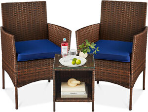NEW 3 Pieces Patio Furniture PE Rattan Wicker  Red Chair Conversation Set I BLUE