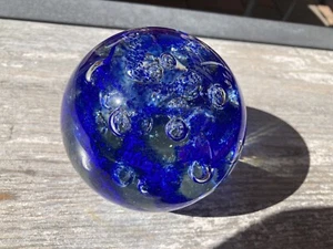 Vintage Clear Glass / Crystal Paperweight w/ Blue Swirls & Controlled Bubbles - Picture 1 of 12