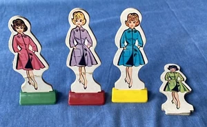 Vintage Mystery Date Board Game Parts-4 Girl Playing Pieces & 3 Stand Base 1965 - Picture 1 of 3