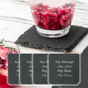 Personalisierte Gravur Quadratisch Naturschiefer Getränke Untersetzer - 4er Set - Bild 1 von 4