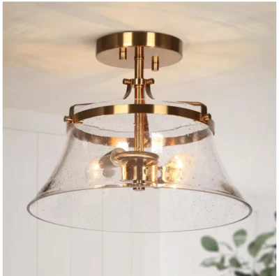 LNC Modern 11.8 in 2-Light Plated Brass Semi-Flush Mount Light with Seeded Shade - Image 1 of 4