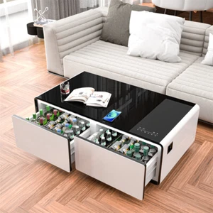 Modern Smart Coffee Table w/Fridge Bluetooth Speaker Touch Control Panel & Light - Picture 1 of 24
