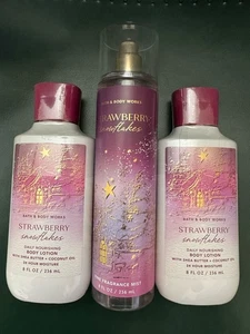NEU 3 Stück ERDBEERE SCHNEEFLOCKEN Nebel Lotion Set Bath & Body Works - Bild 1 von 1