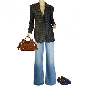 VINTAGE 1990'S THE LIMITED WOOL BLEND W/SUEDE HOUNDSTOOTH BLAZER SIZE S - Picture 1 of 11